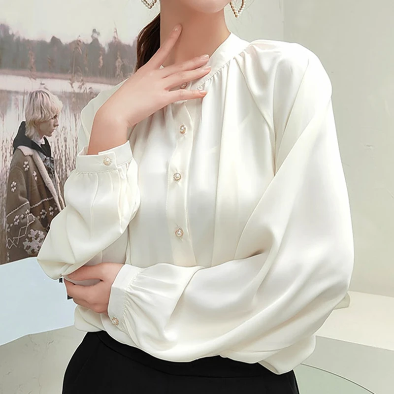 

Autumn Women Chic Chiffon Blouse Casual Solid Long Sleeve Tops Ladies Sweet Loose Single Breasted Shirts Blusas Mujer Female