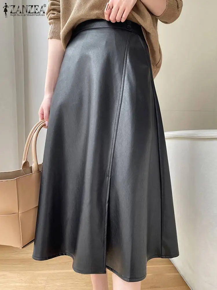

Oversized Women Casual Solid Party PU Midi Faldas Saias Jupes Autumn Winter A Line Cocktail Skirt ZANZEA PU Fuax Leather Skirts