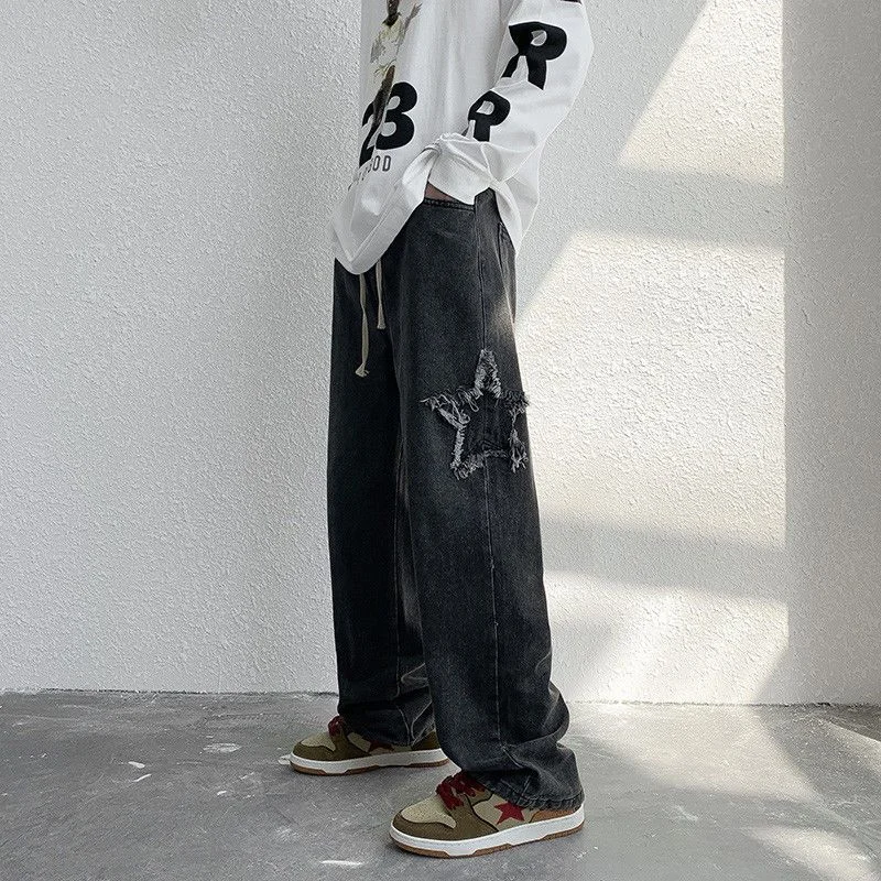 Elastic Waist Men Jeans Ins Fashion Embroidery Denim Trousers Plus Size Baggy Wide Pants Casual Bottoms Vintage Y2K Male Clothes