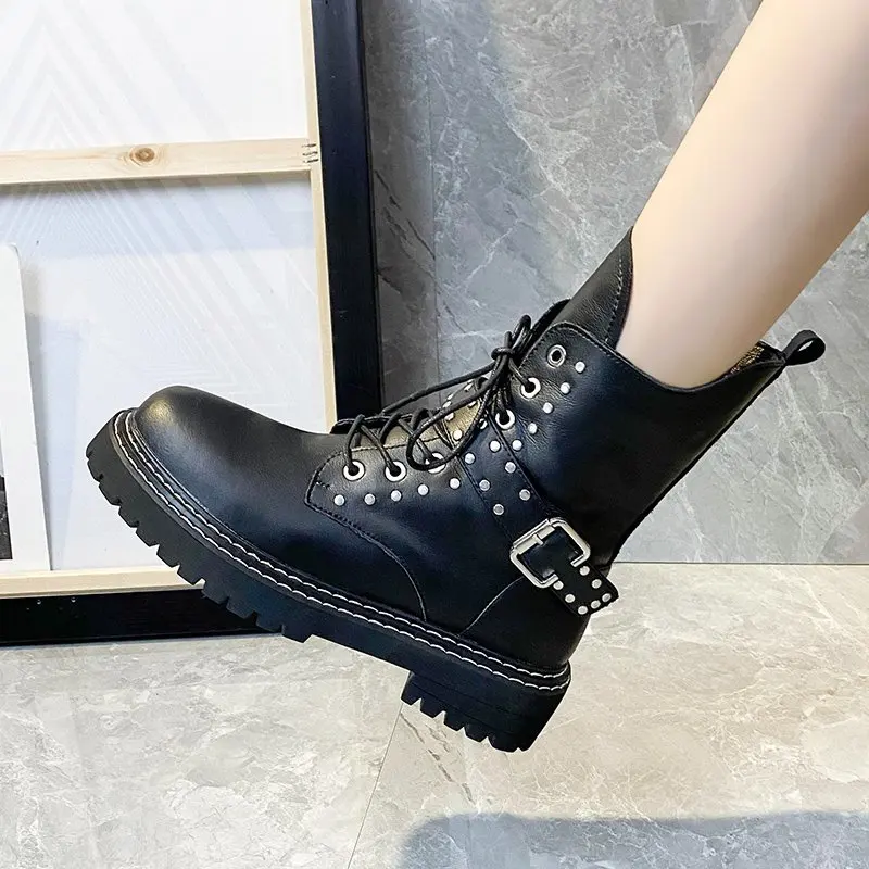 2022 Leather Women's Platform Ankle Boots Fashion Lace-up Platform Women's Shoes Buckle Belt Ladies Casual Punk Rivet Boots