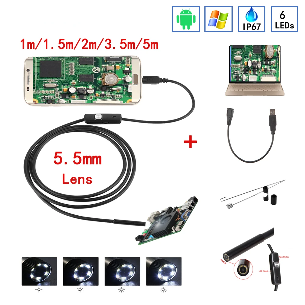

USB-эндоскоп с камерой 5,5 мм, 6 светодиодов, 1/1, 5/2/3, 5/5 м