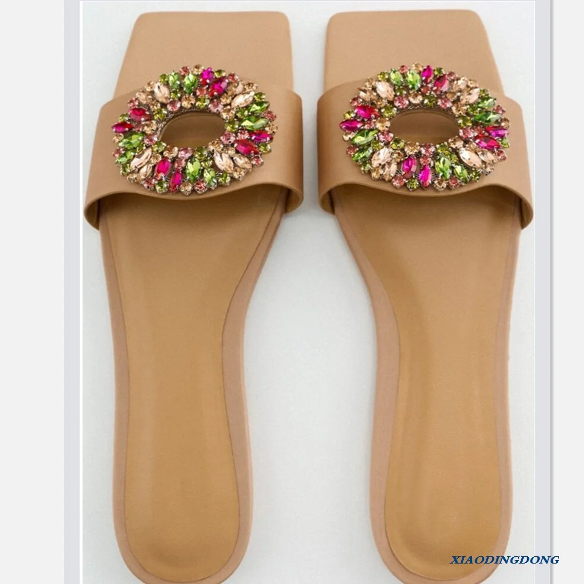 

NEW Women Summer Slippers Sexy Crystal Woman Square Toe PU Leather Slip-on Ladies Slides Female Outside Slipper Flat Shoes