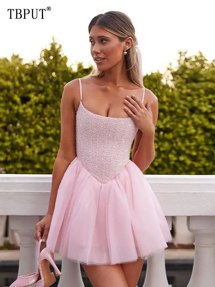 

Fashion Women's Suspender Dress Solid Pink Multi Layered Ruffled Tulle Vestidos Elegant Female Sleeveless Evening Party Dresses