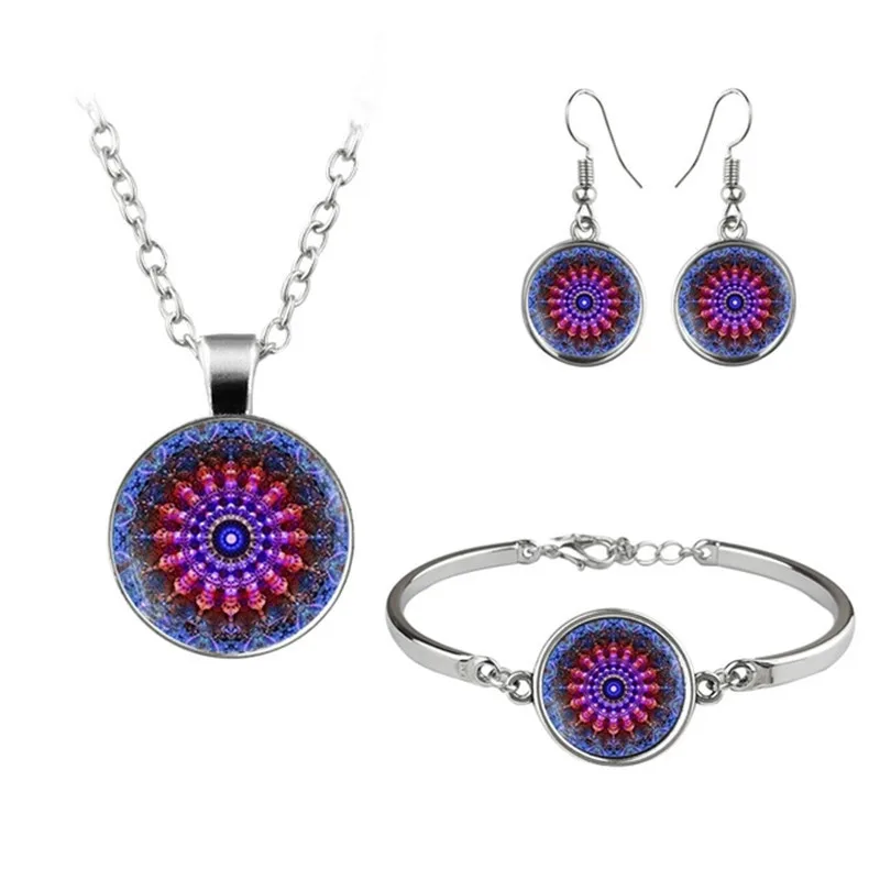 

LE Hinduism Buddhism Mandala OM Jewelry Set Cabochon Glass Pendant Necklace Earring Bracelet 4 Pcs Women's Gift