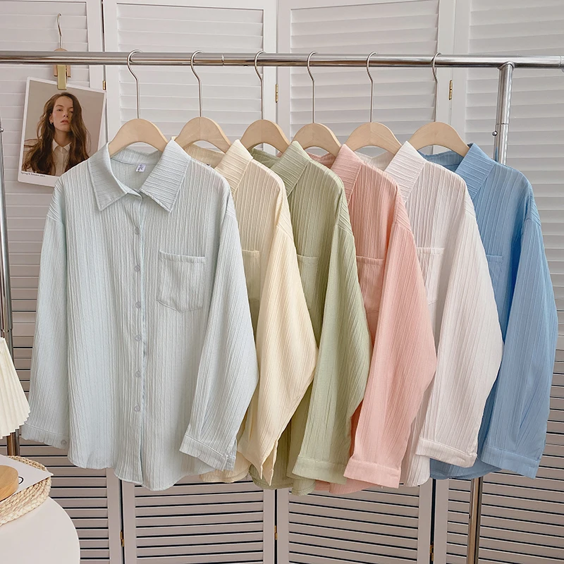 

Рубашка женская однотонная с отложным воротником, японский Топ, Повседневная Свободная рубашка в Корейском стиле с длинными рукавами, топ н...