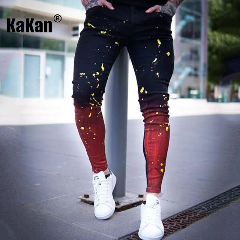 Kakan - New Distressed Color Matching Personalized Jeans for Men, Trendy Splashed Print Tight Long Jeans K49-8872