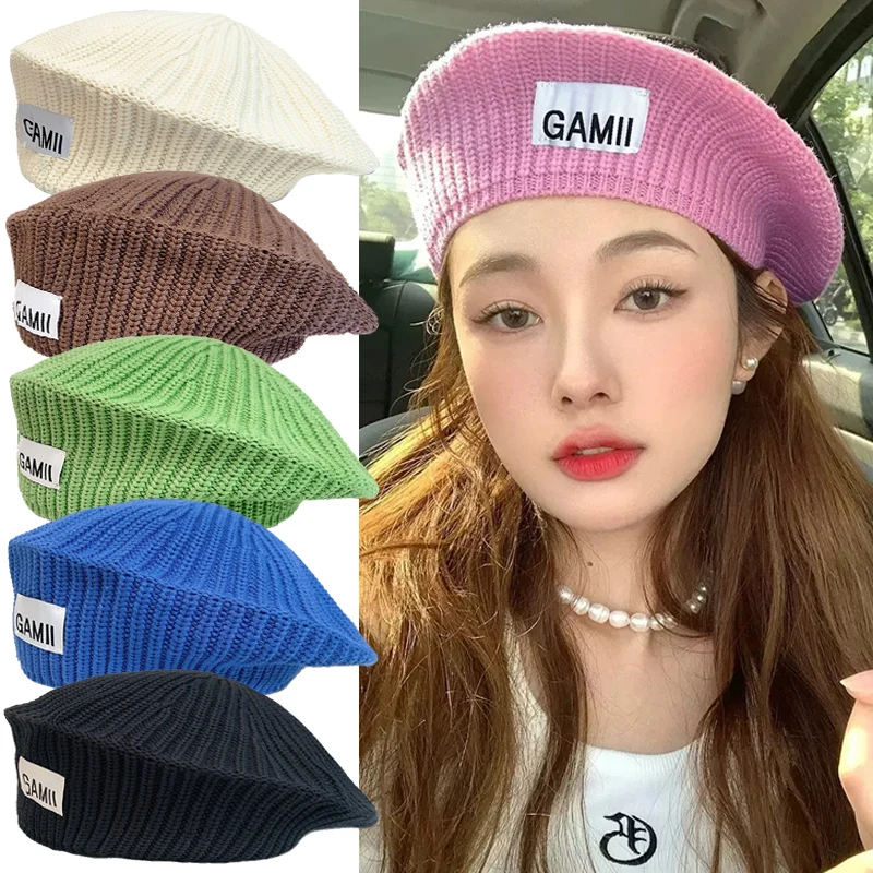 

Women Knitting Berets French Artist Style Warm Winter Beanie Hats Retro Plain Beret Solid Color All Matched Autumn Beret Caps