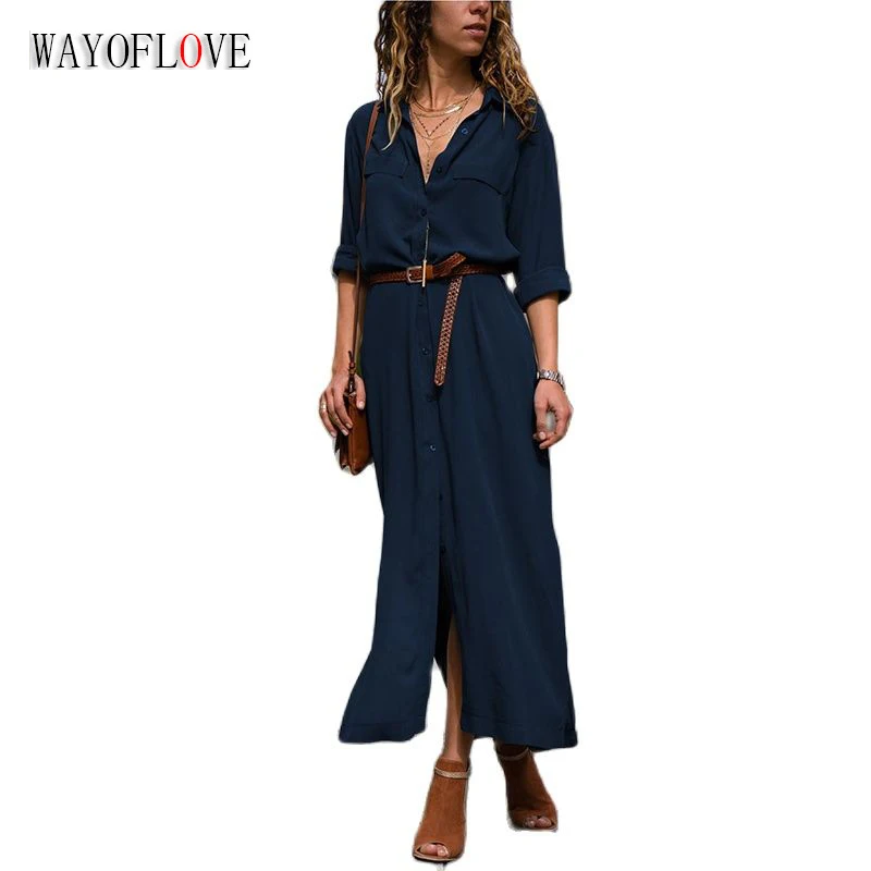 

WAYOFLOVE Ladies Spring Autumn Long Dress Women Blue Long Sleeve Button POLO Neck Elegant Dresses Party Office Lady Casual Dress