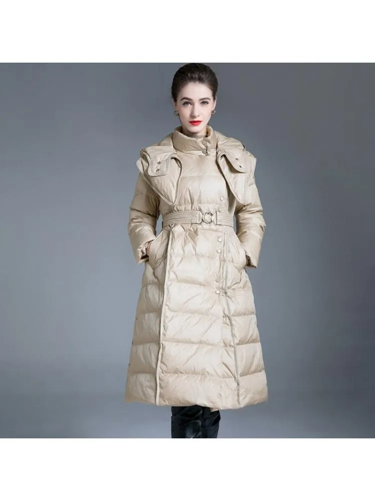 2022 Winter Hooded Long Black Thick 90 White Duck Down Coats Women High Collar Lace Up Single Breasted Windproof Warmer Jackets
