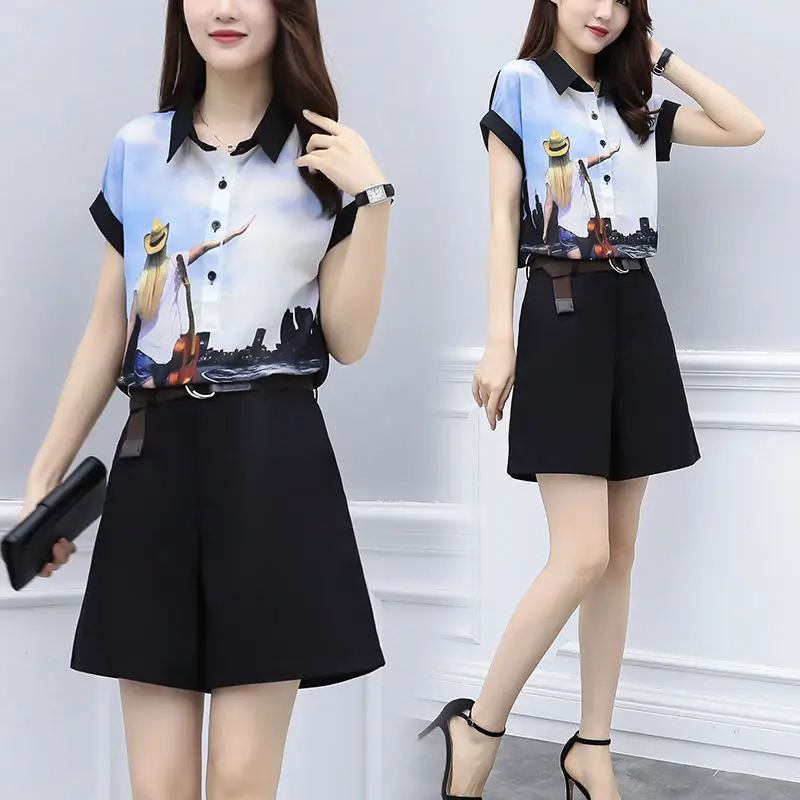 

2022 Summer Women's Streetwear Pants Female High-Waist Straight Cargo Pants Ladies Loose Short-Sleeve Shirt Two-piece Set A72