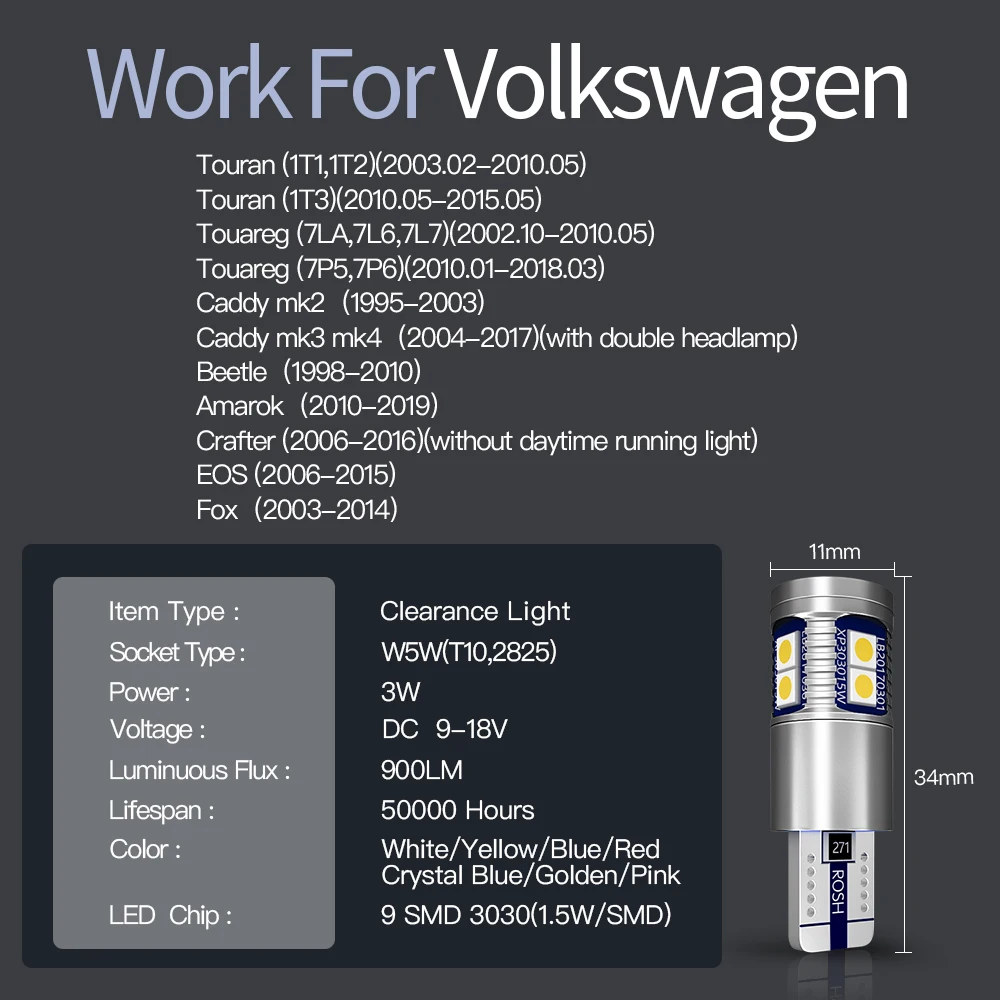 2 шт. W5W T10 Canbus светодиодный светильник для VW Touran 1T1 1T2 1T3 Touareg 7LA 7L6 7L7 7P5 7P6 Caddy Beetle Amarok