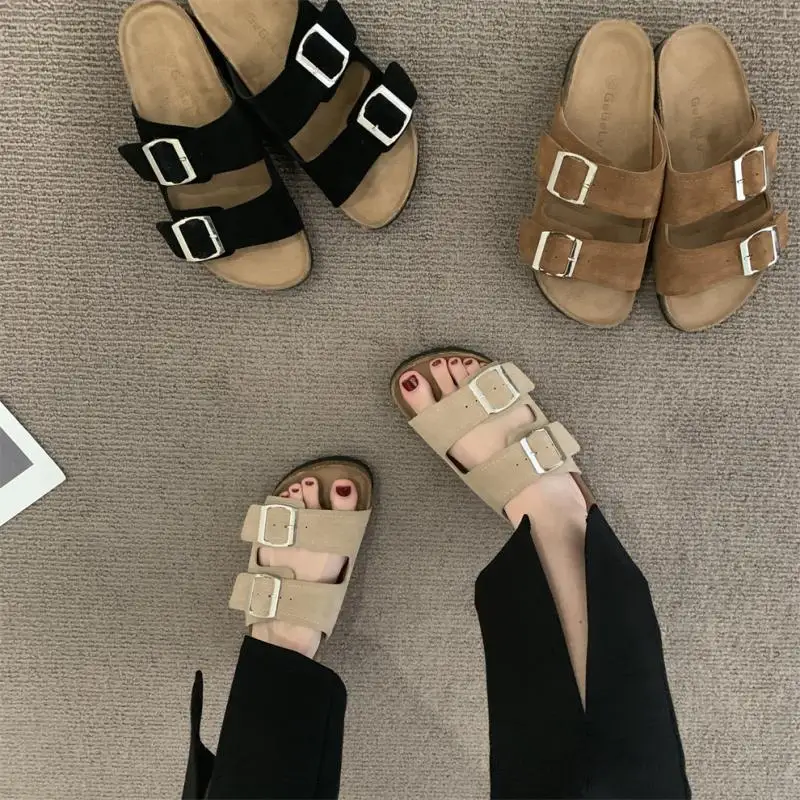 

Shoes String Bead Slippers Soft Platform Slides Low Loafers Comfort Retro Basic Casual PU Hoof Heels Rubber Fabric Leisure