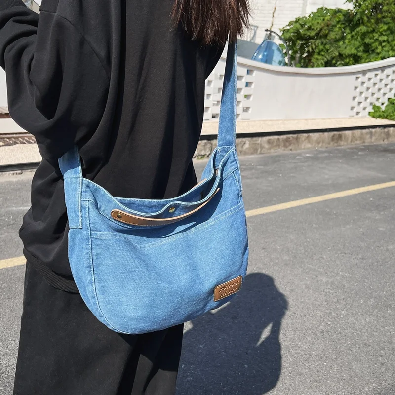 

High Quality Denim Shoulder Bag for Women Large Simple Messenger Bags Girls Cross Body Schoolbag Casual Solid Color Handbags Sac
