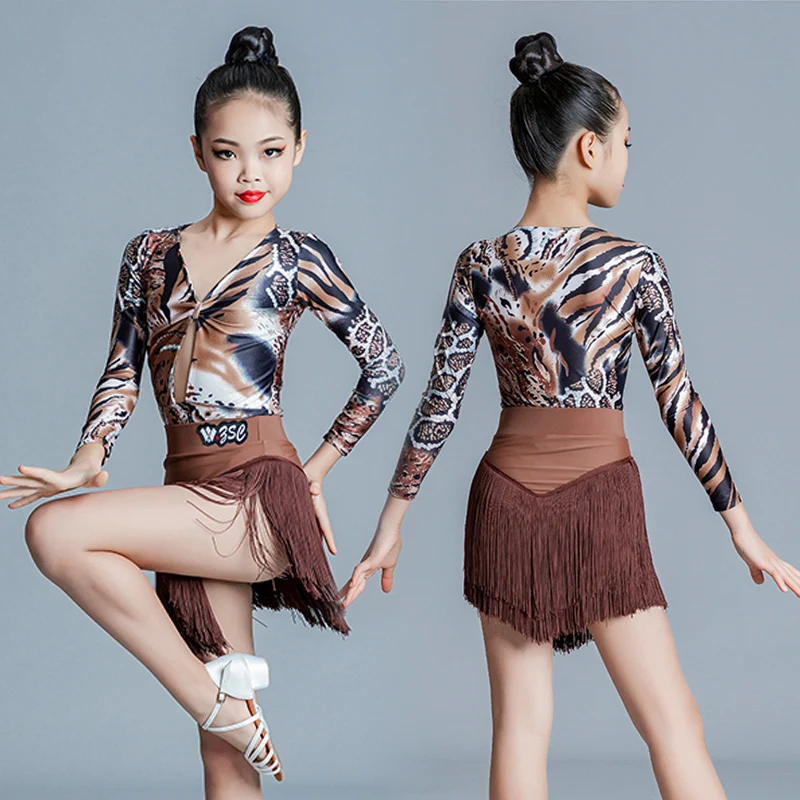 

Одежда для латиноамериканской Девушки боди с длинным рукавом юбка с бахромой ChaCha костюм с разрезом танцевальная одежда детская Румба Самба тренировочная одежда VDB6512
