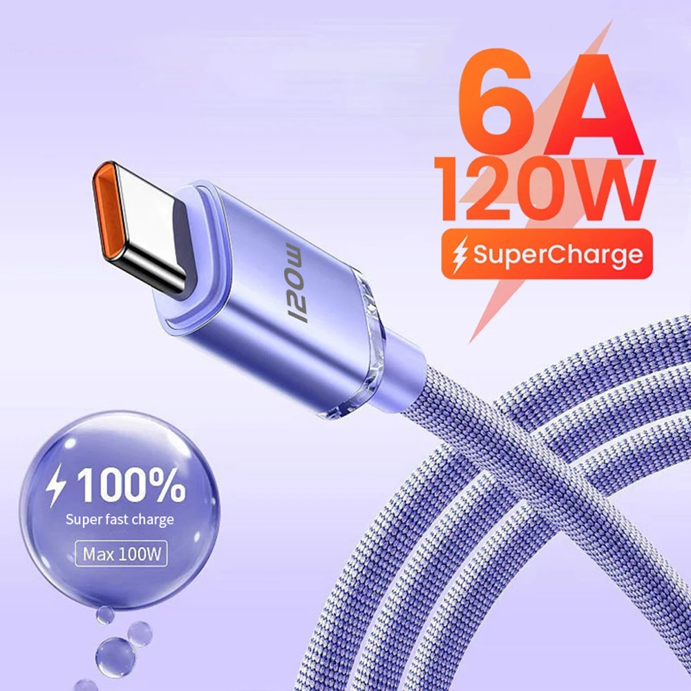 

120w 6A Type C Cable Braided Nylon Super Fast Charging USB C Cord For Huawei P50 P40 Mate 30 20 Xiaomi Redmi OPPO Vivo Oneplus