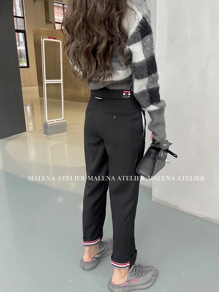 

Брюки tb Женские повседневные, узкие прямые брюки с завышенной талией, текстурные черные Костюмные штаны для мужчин, весна-осень