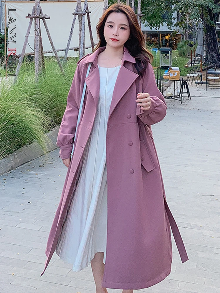 

LANMREM Fashion Solid Color Trench Coat For Women Lapel Double Breasted Belt Mid Length Windbreaker Clothing 2023 Autumn 2AA1169