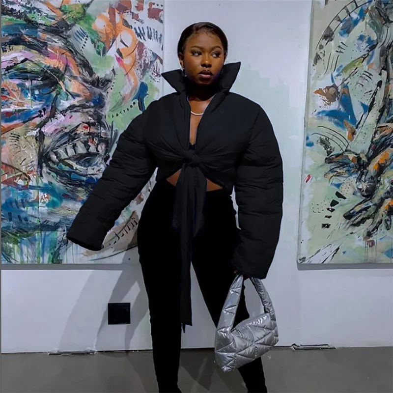 Crop Winter Bubble Coats Lace Up Puffer Jacket Women Streetwear Fashion Winter Clothes Outerwear Thick Warm Cardigan Coat