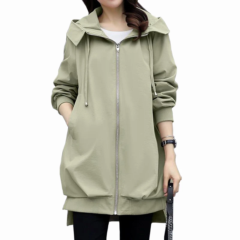

Модные куртки с капюшоном для женщин, Осенний свободный тренчкот средней длины, женская повседневная куртка на молнии, пальто, новинка 2023