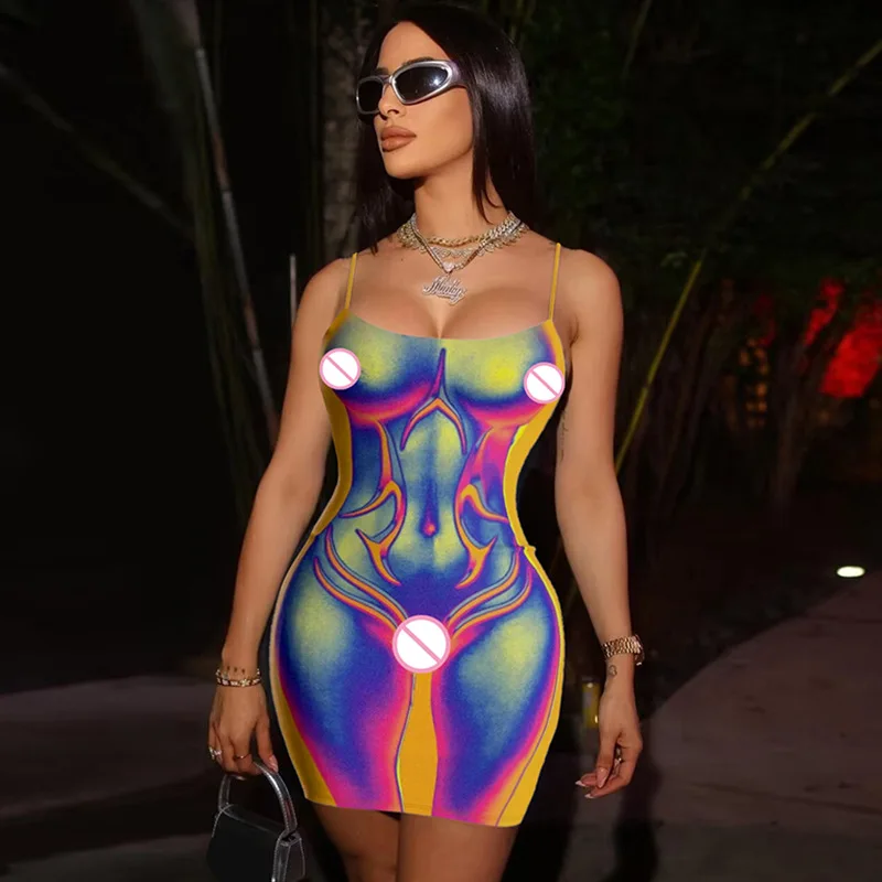 

Sexy 3D Printed Bodycon Women Cami Mini Dress Summer Spaghetti Skinny Short Vestidos Streetwear Club Clothings Y2K Robes Female