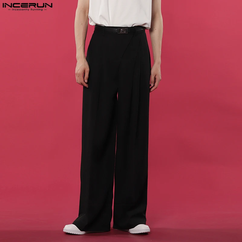 

INCERUN 2023 Korean Style New Men's Medium High Waist Pantalons Casual Male Pleated Solid Color Draped Wide Leg Long Pants S-5XL