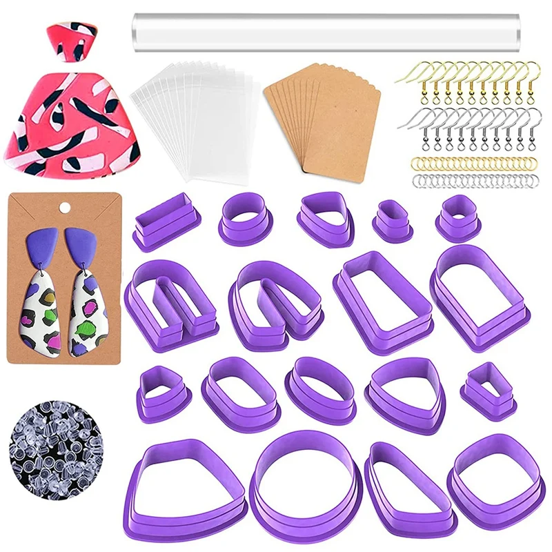 

18PCS Polymer Clay Cutters,Earring Molds With Polymer Clay Roller Earring Cards Earring Hooks For Earrings Making