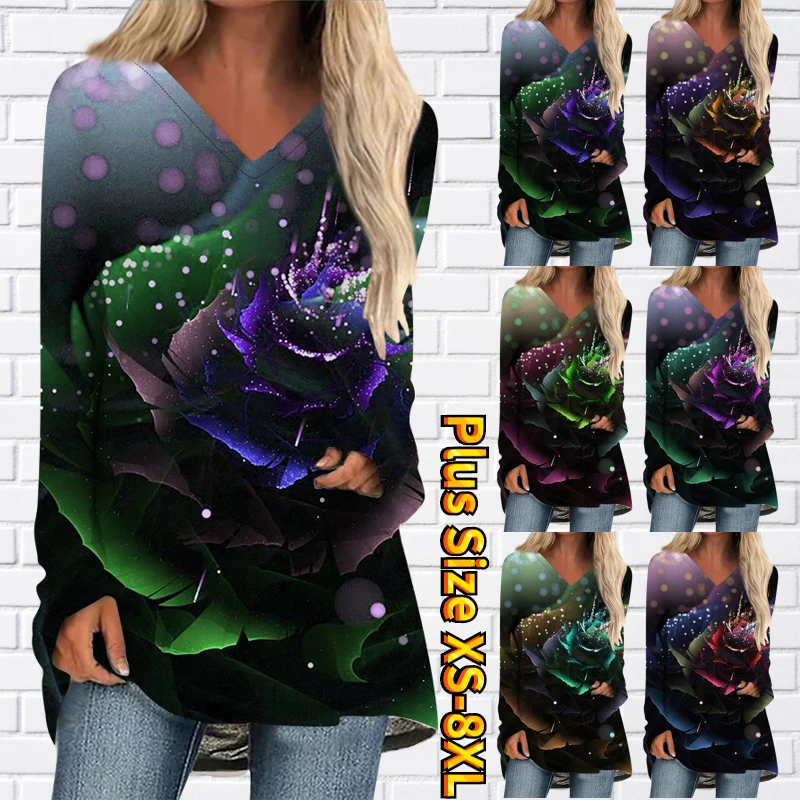 

2022 New Autumn Winter Women Elegant Long Sleeve Flower Printing T-shirt Trend Pullover Fashion V-neck Loose Size Basic Tops