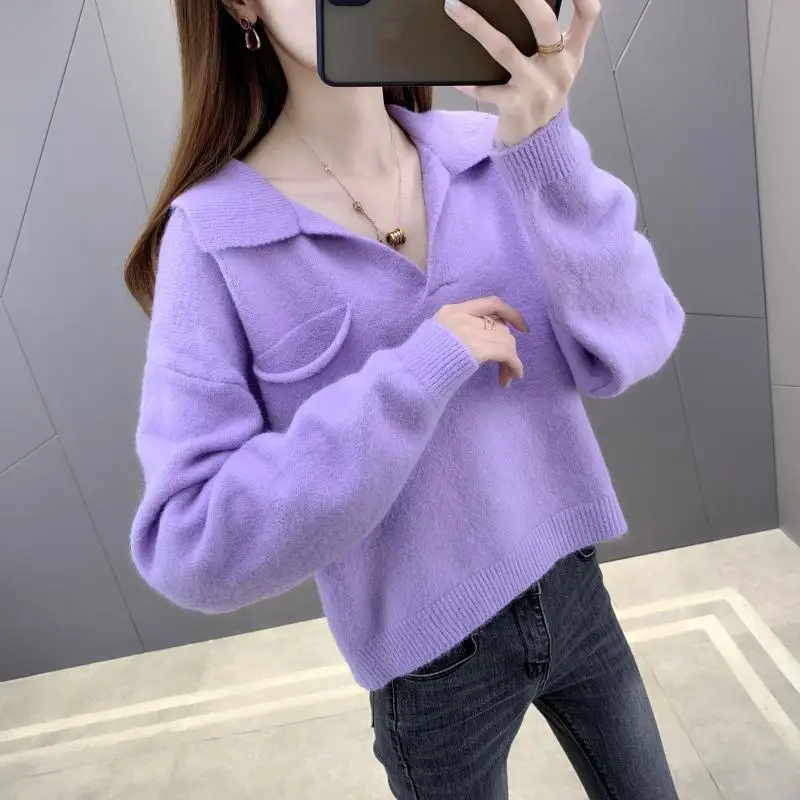 

Spring Autumn Casual Chic V-neck Sweater Pullovers Women 2022 Loose Pockets Solid Color Sweater Pullover Female Long Sleeve N01
