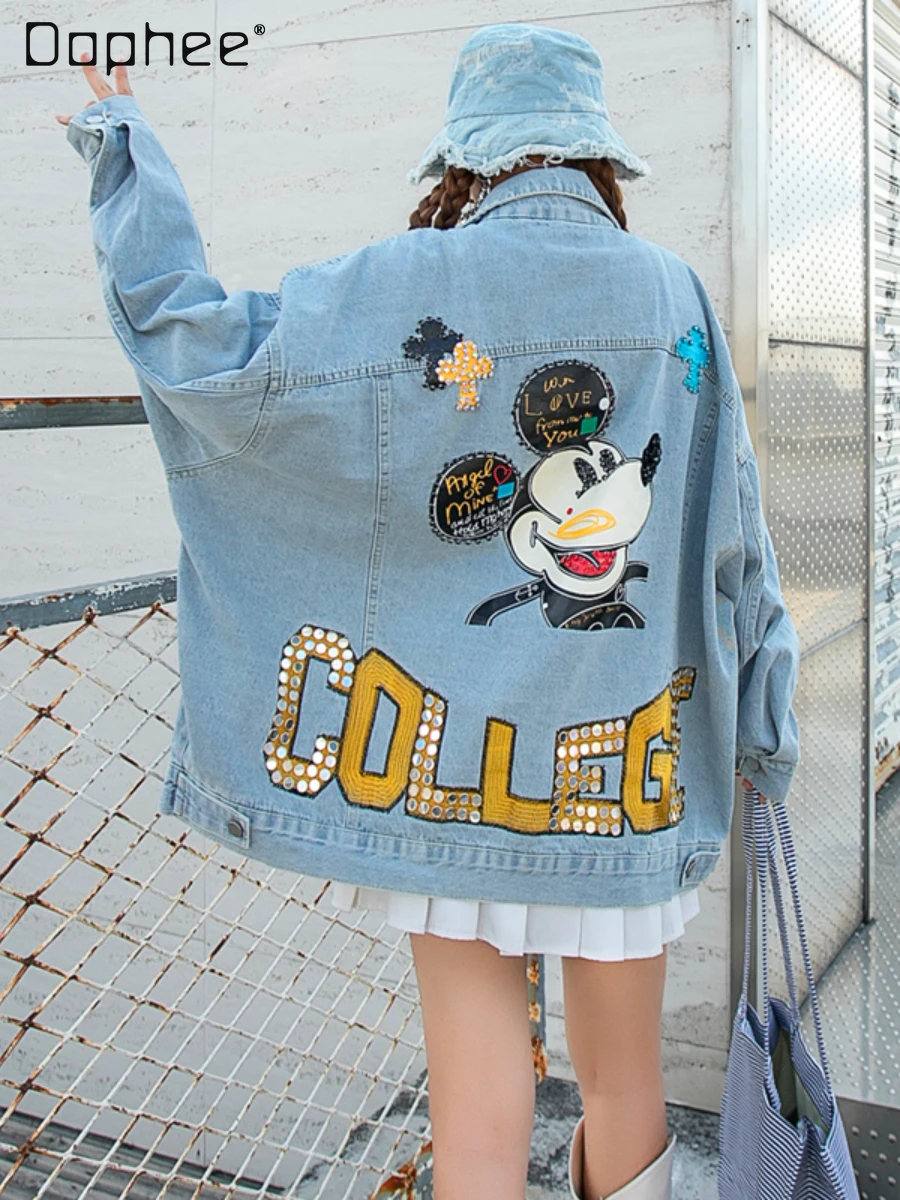 Street Tide Brand Cartoon Printed Sequined Lapel Long-Sleeved Denim Jacket Women Autumn New Loose Diamond-Embedded Jeans Coat