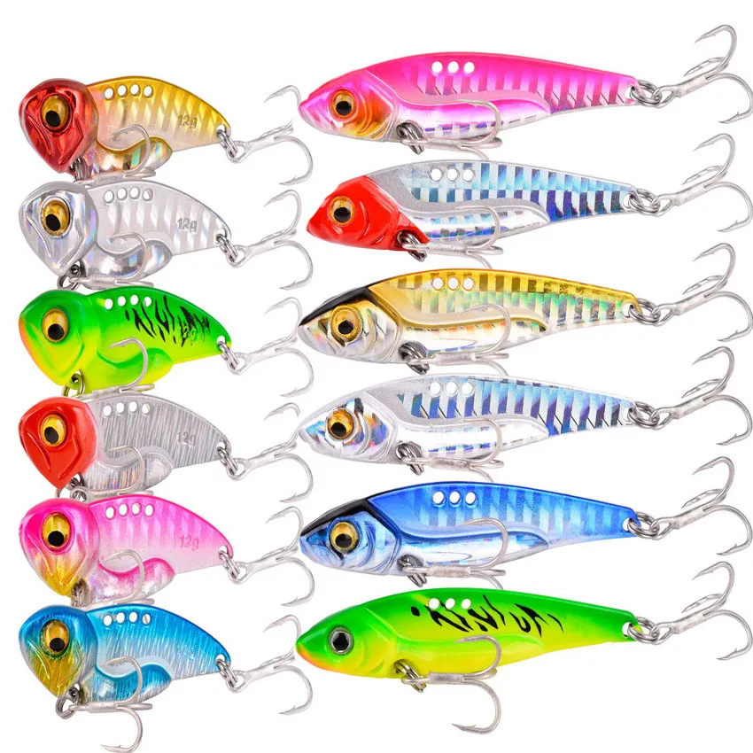 12Pcs/lot 3D Eyes Metal Vib Blade Lure 7/10/12G Sinking Vibration Baits Artificial Vibe for Bass Pike Perch Sinking Fishing Jig