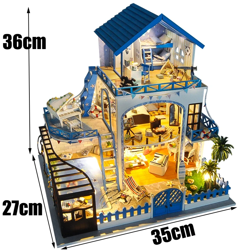 DIY Wooden Doll House Miniature Building Kits Blue Ocean Big Casa Dollhouse With Furniture Villa Toys for Children Girls Gifts images - 6
