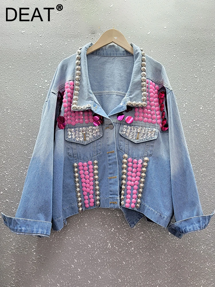 

DEAT Women Denim Coat Pink Sequins Crystal Beading Gradient Long Sleeve Single Breasted Jackets 2023 Autumn New Fashion 29L2573