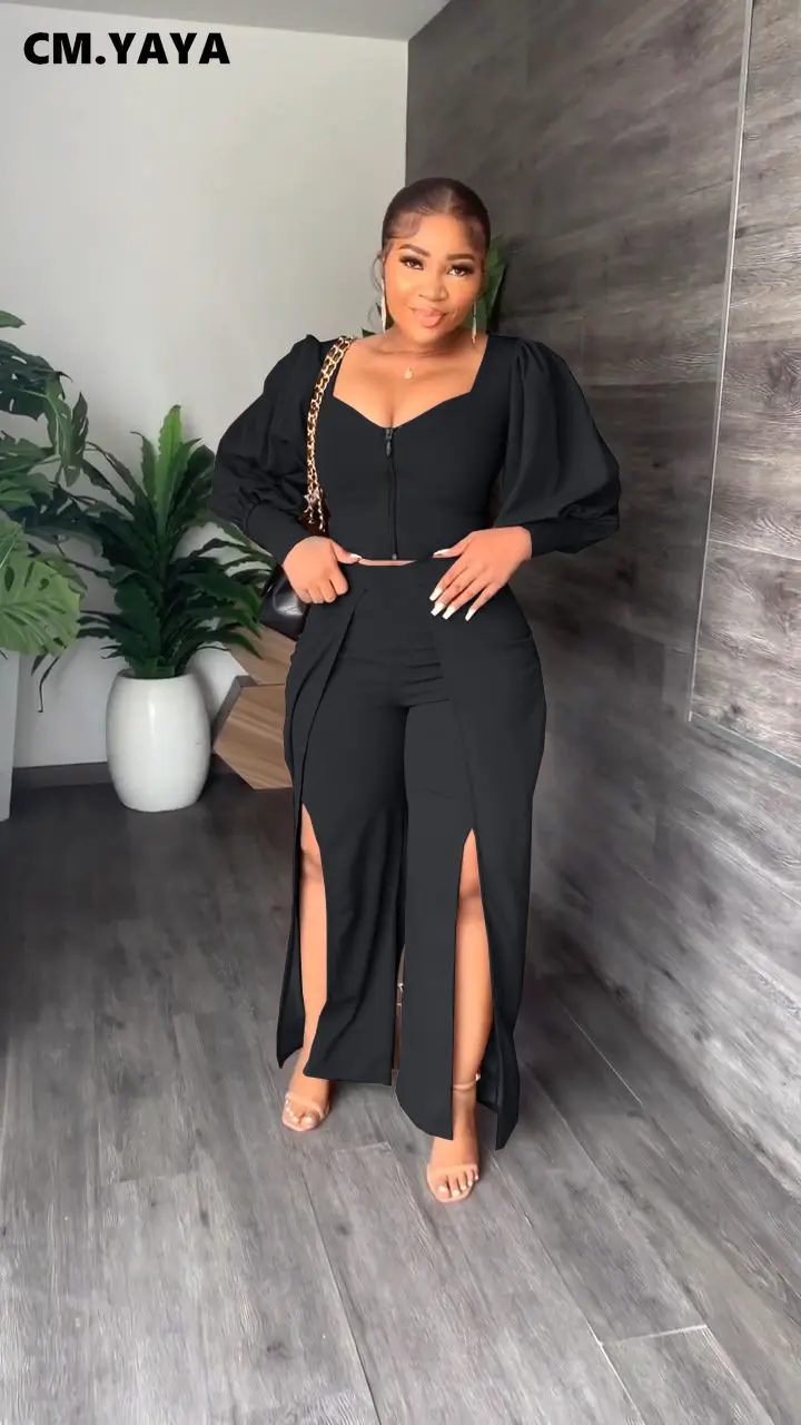 Женский костюм с длинными рукавами-фонариками CM.YAYA уличный из рубашки на молнии и