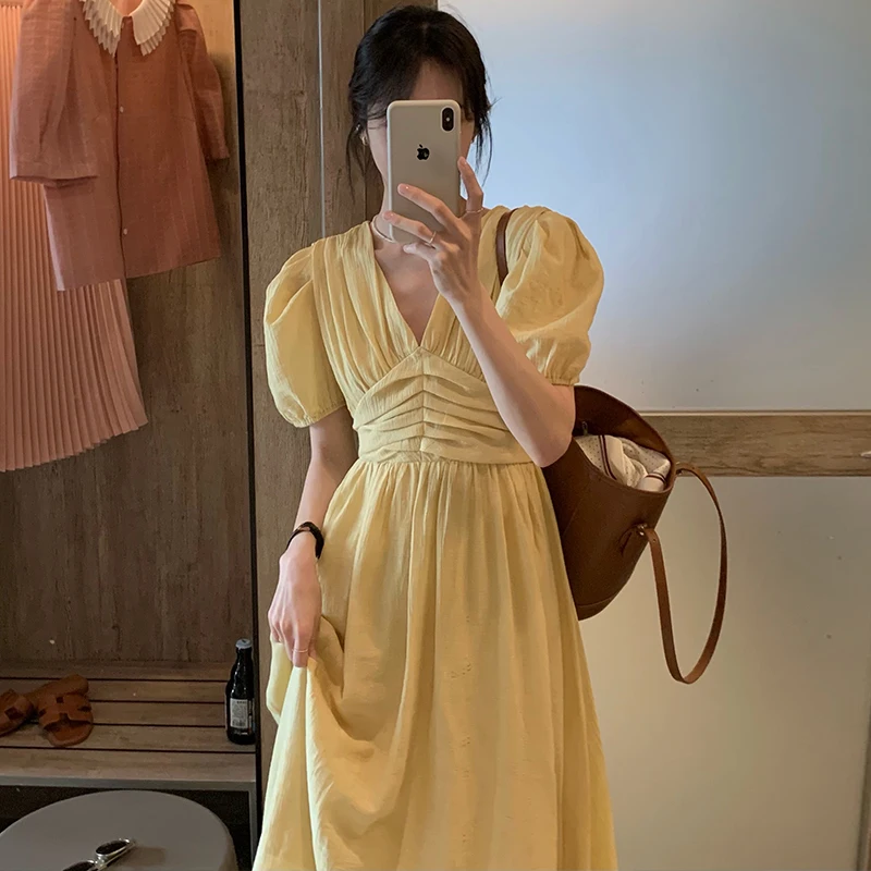

ZCSMLL Korean chic summer new elegant V-neck pleated waist thin bubble sleeve solid color long dress women