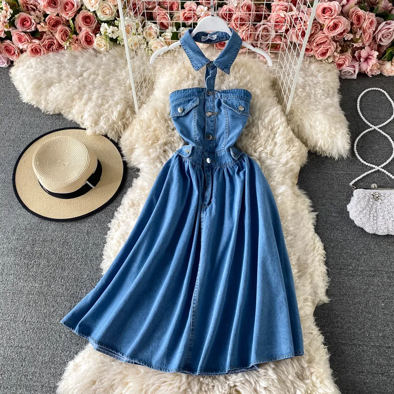 

Halter Neck Sleeveless Denim Dress For Women Summer High Street Lady Backless Polo Collar Long Dress Casual Slim Waist Vestidos