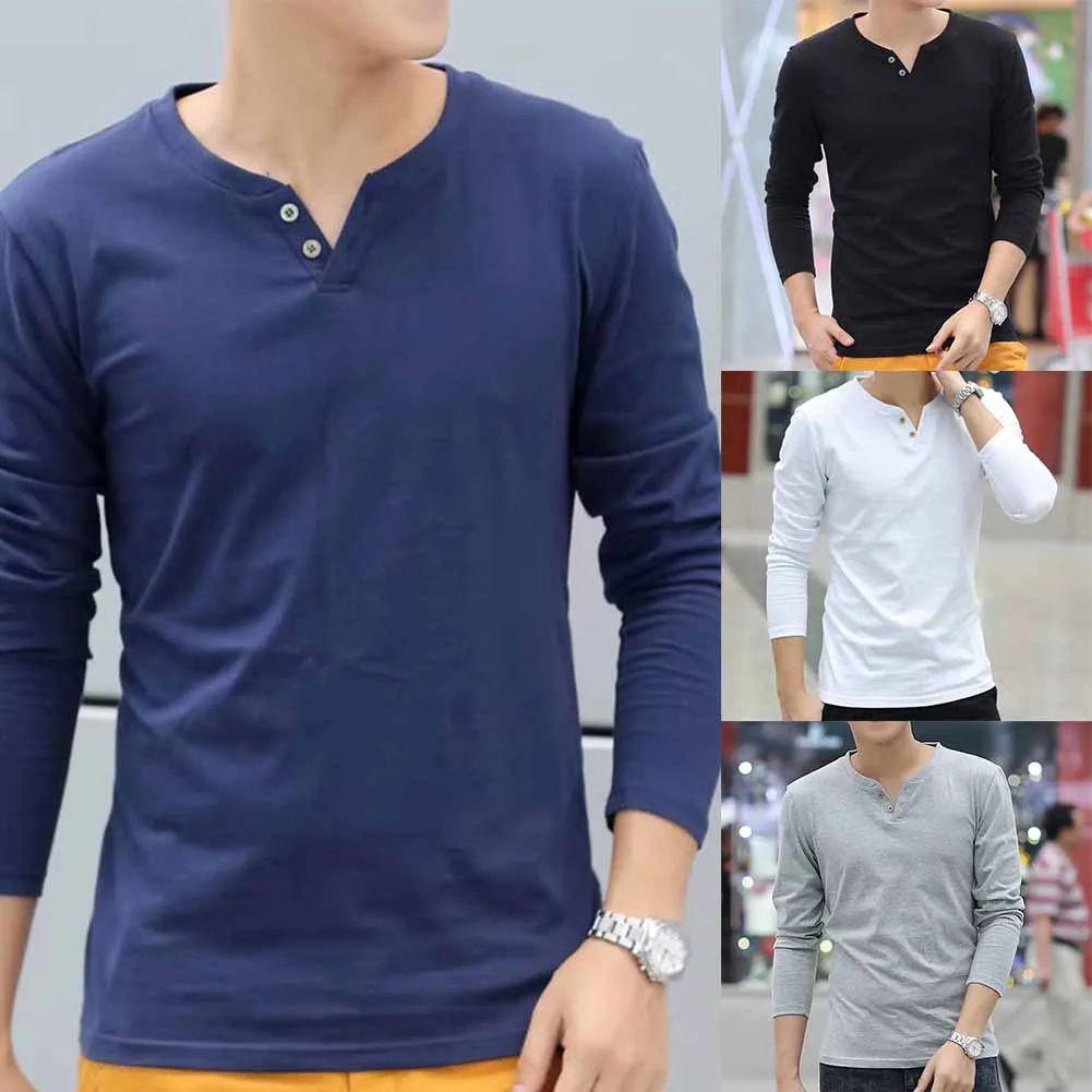 

T-shirts Bottoming Cotton Thermal Underwear Shirt Comfortable V-neck Button Long Collar Sleeve Pullover Men‘s Slim