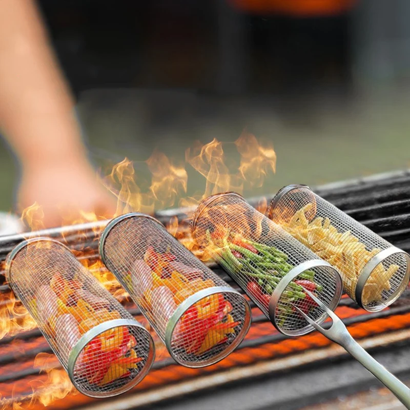 

Stainless Steel Barbecue Cooking Grill BBQ Net Grate Outdoor Camp Drum Grilling Basket Campfire Grid Picnic Cookware Kitchen Too