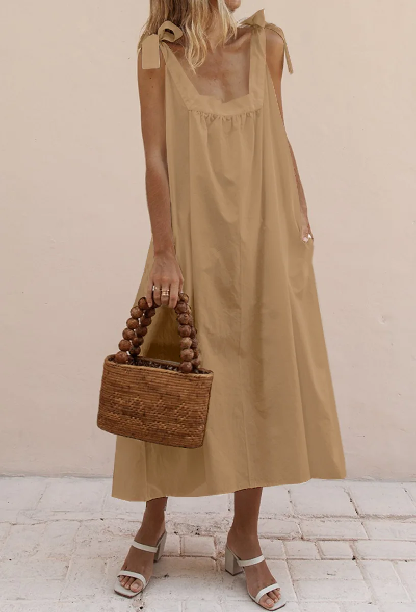 

BAMBOOBOY New Design Summer Sexy Beach Women Clothing Lace Up Loose Sleeveless Mid-Calf Dress FC484