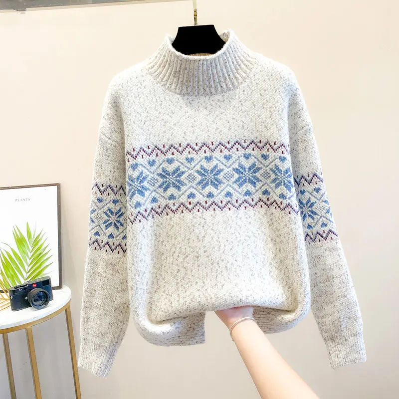 

2023 New Mock Neck Snowflake Knitting Loose Women Sweater Winter Warm Pullover Sweater Casual Lady Jumper Sweaters Tops Y05