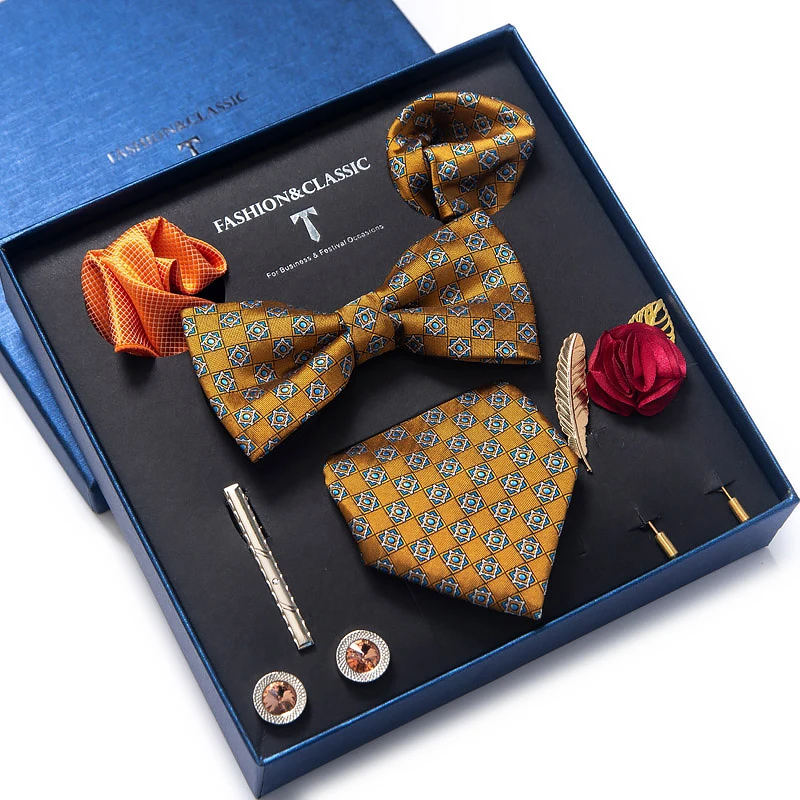 Vangise Marke Neueste design Silk Krawatte Taschentuch Tasche Quadrate Manschettenknopf Set Fliege Clip Krawatte Box Plaid Vater der Tag