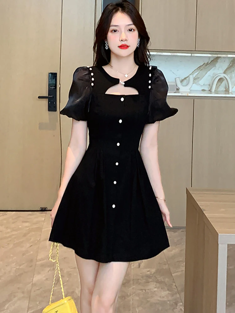 

Korean Vintage Hepburn Black Short Dress for Summer Women Short Sleeve Chic Beading Dress 2023 Elegant Bodycon Kawaii Prom Dress