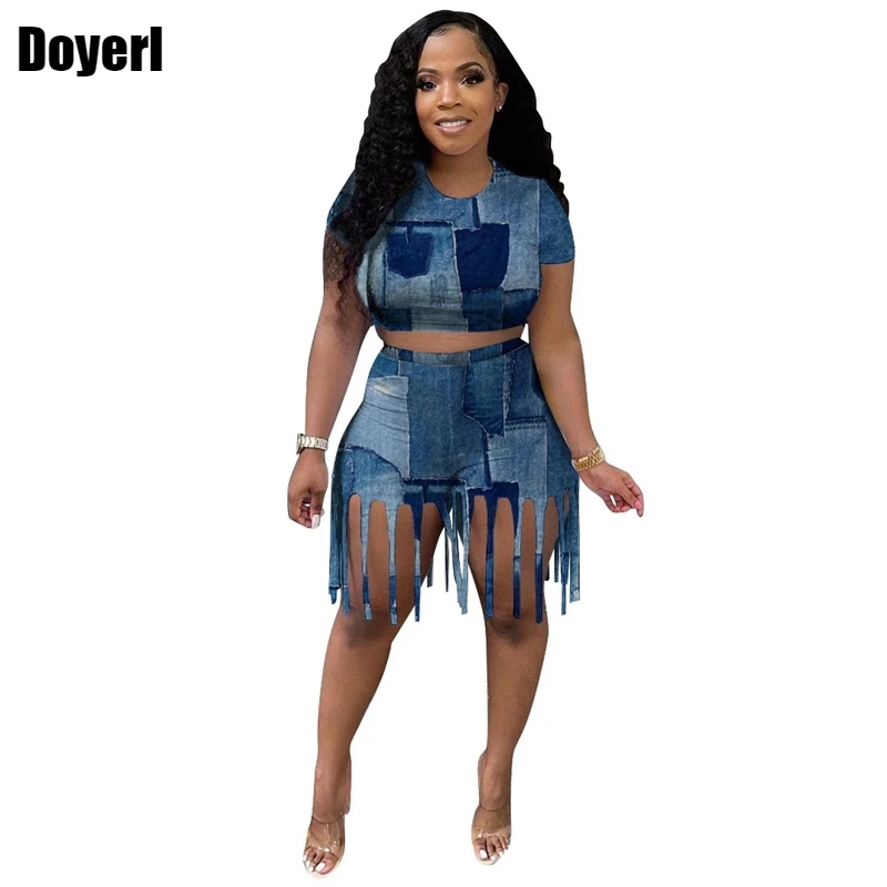 

Женский джинсовый комплект из двух предметов, комплект из двух предметов с шортами, короткий топ и короткие шорты с бахромой, летний женский...