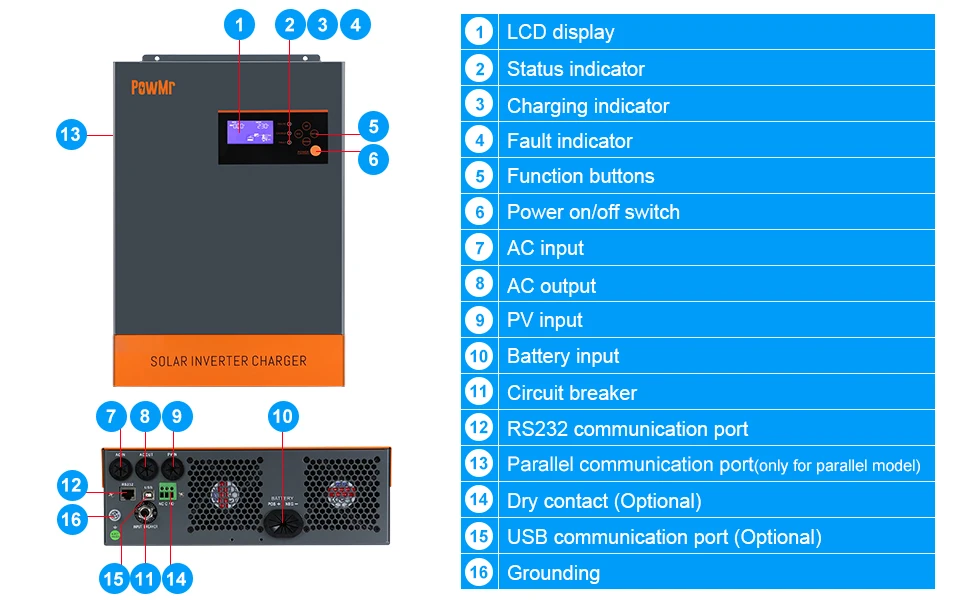 Гибридный инвертор PowMr 5.5KVA MPPT 100A встроенная литиевая батарея для солнечной