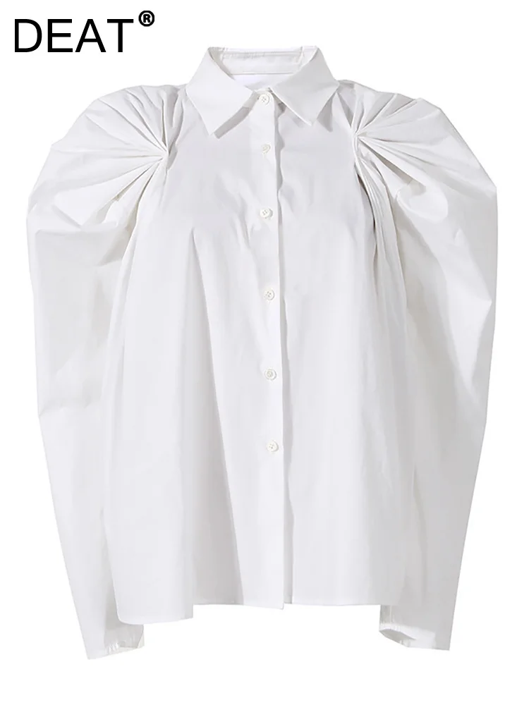 

Женская свободная рубашка DEAT, однобортная плиссированная хлопковая блузка с отложным воротником и рукавами реглан, весна 2023