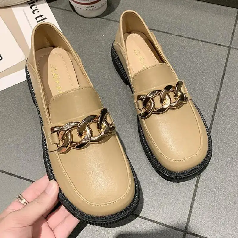 

2021 Fashion Metal Chains Leather Loafers Women Shoes Winter Warm Mules Soft Heel Ytmtloy Square Toe Botines De Mujer