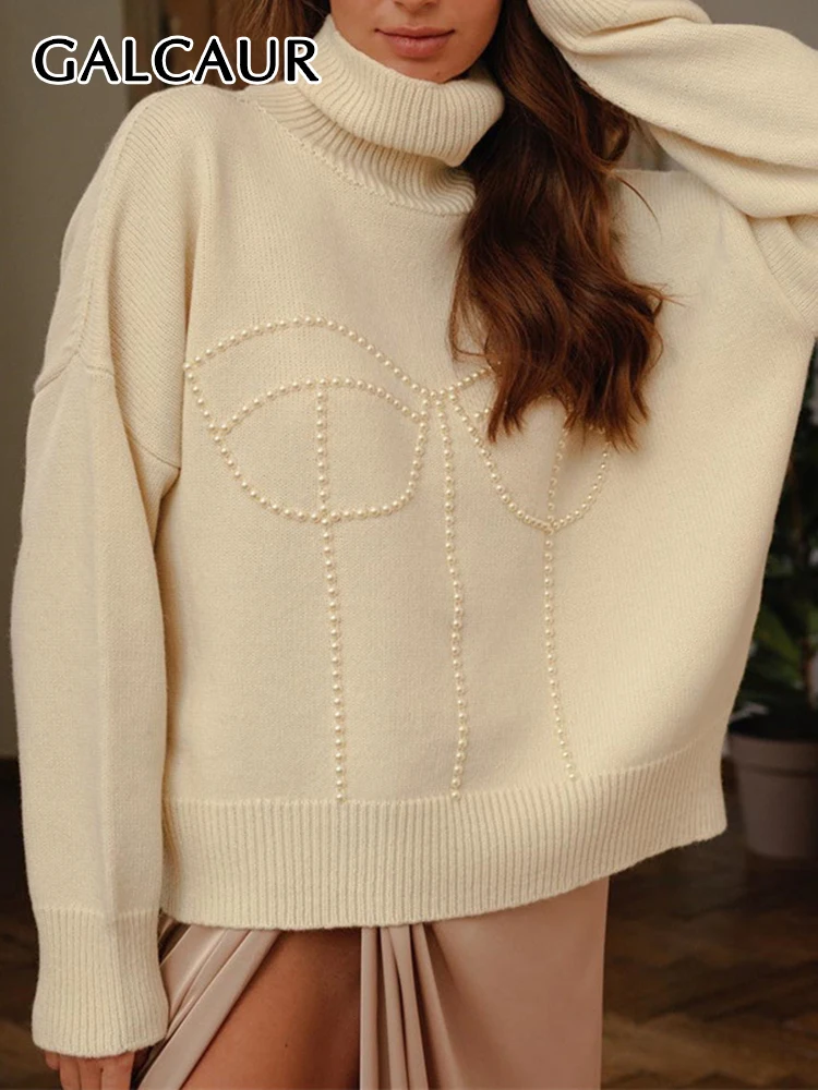 

Повседневный пуловер GALCAUR в стиле пэчворк с жемчугом, свитера для женщин, водолазка с длинным рукавом, однотонный вязаный свитер, женская осенняя одежда