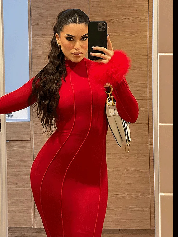 

Ladies Feather Sexy Club Wear Y2K Clothes Long Sleeve Backless Bodycon Evening Maxi Dresses For Women Birthday Party Fall Outfit