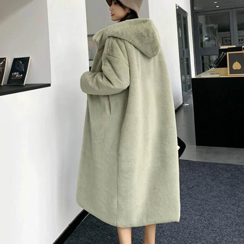 2022 New Winter Women High Quality Faux Rabbit Fur Coat Hooded Thicken Warm Plush Loose Lapel Luxury Long Female Clothing Tops