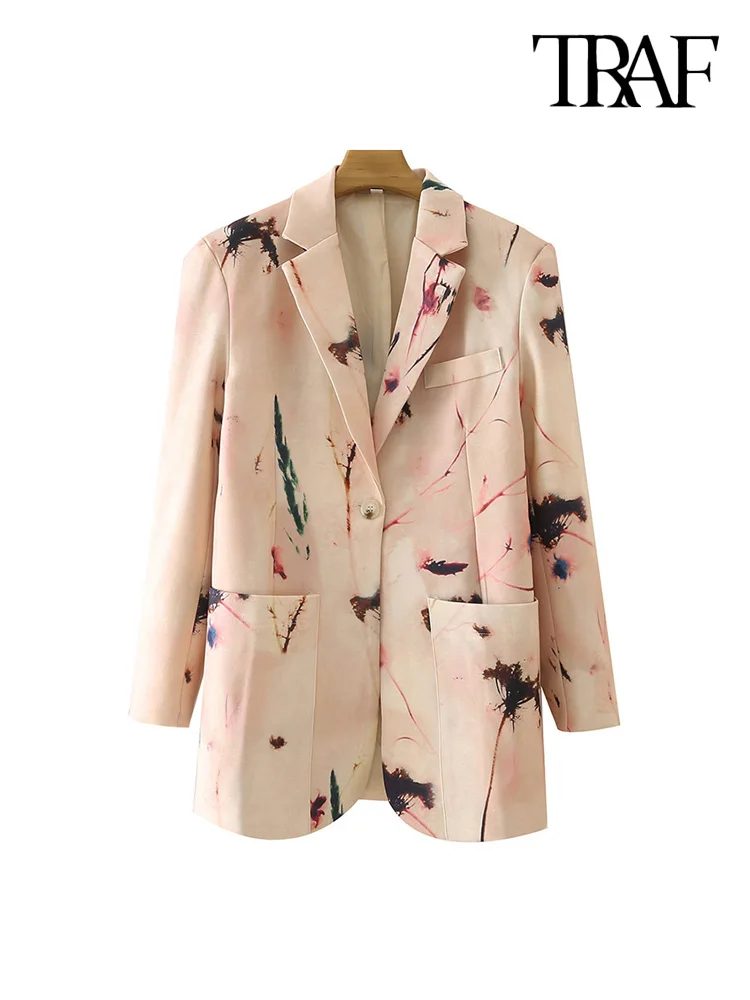 

TRAF Women Fashion Single Button Printed Blazer Coat Vintage Long Sleeve Pockets Female Outerwear Chic Veste
