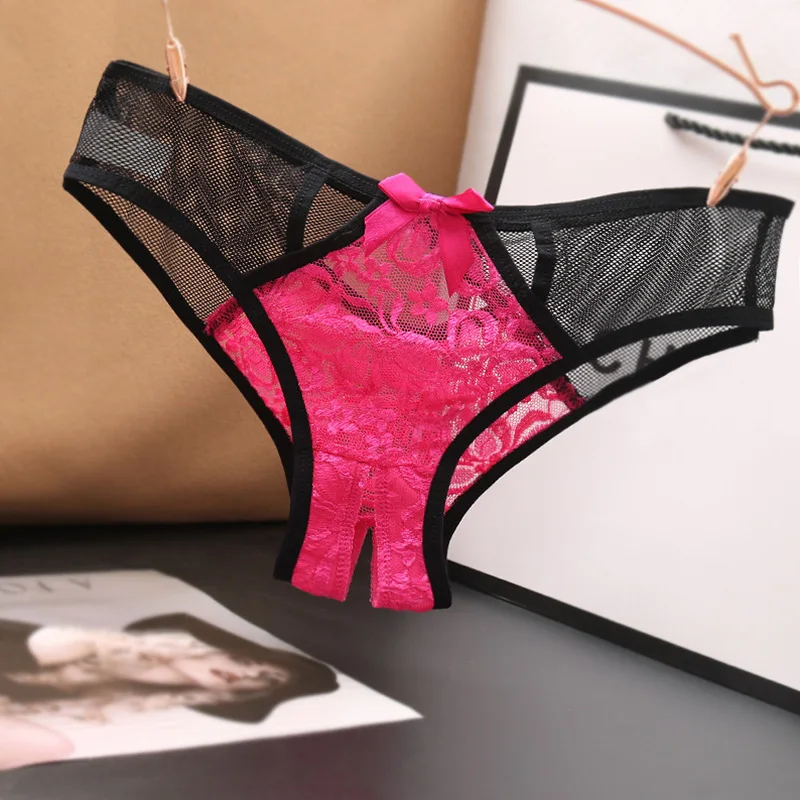 

Sexy Bowknot Lingerie Patchwork Lace Panties Underwear Floral Crotch Opening G-String Transparent Women's Underpants Mesh Briefs